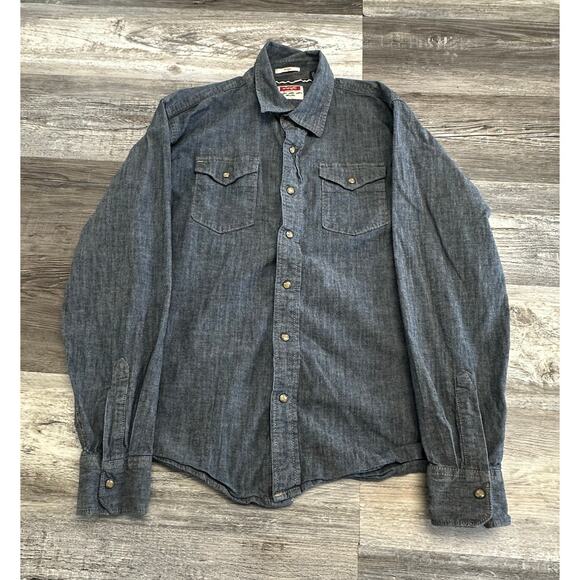Wrangler Indigo Dark Wash Blue Mens L‎ Pearl Snap Button Up Denim Shirt Western - Picture 1 of 7